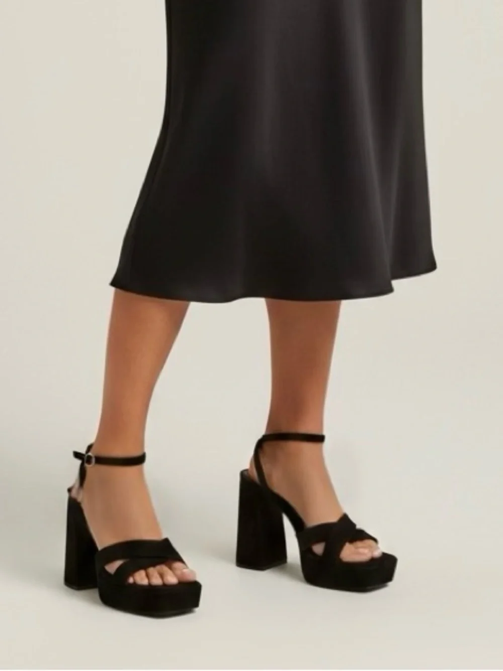Zara Black Platform Block Heel Sandals with Ankle Strap